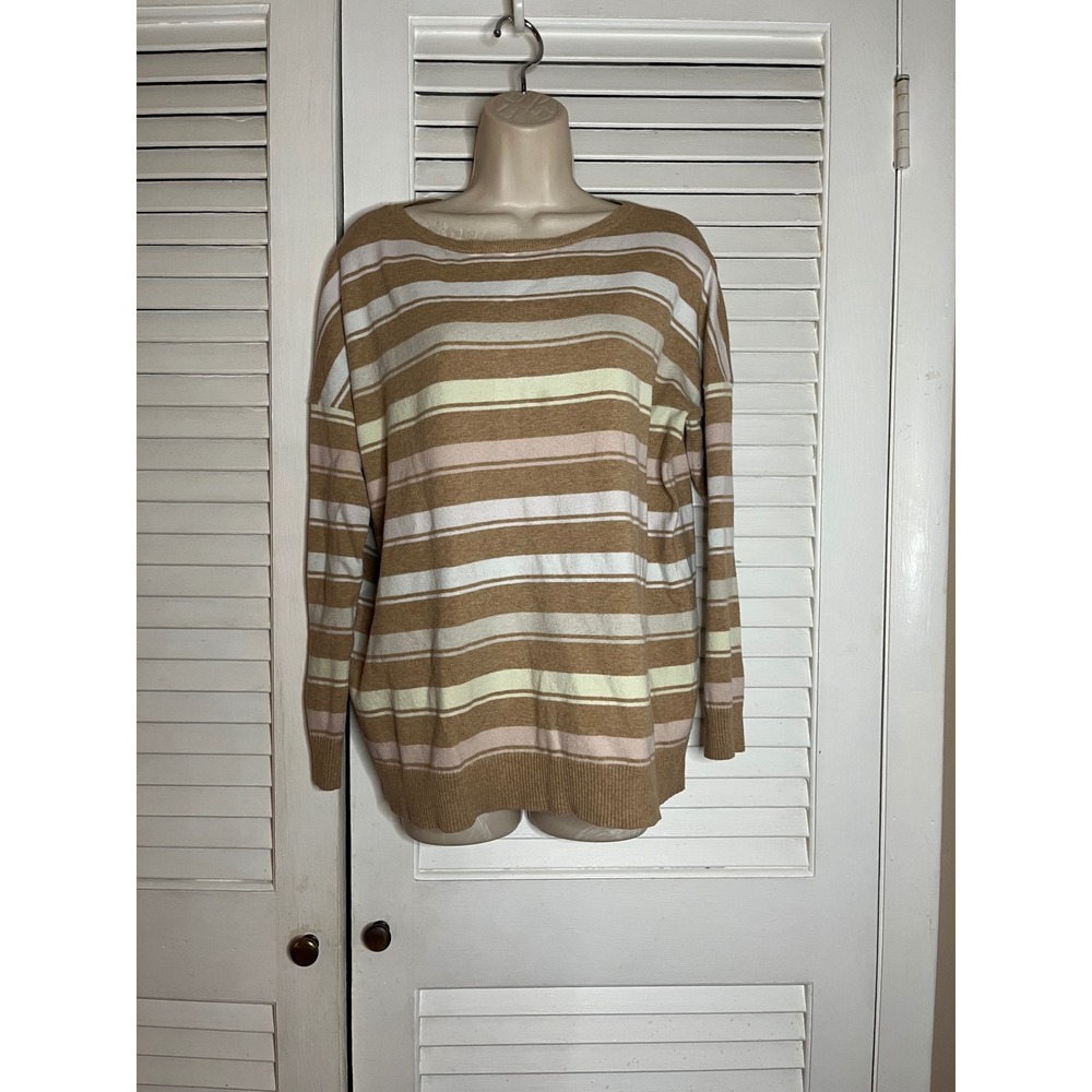 J. Jill Women Tan Pink White Striped Cotton Blend Knit Sweater Size M RN97641